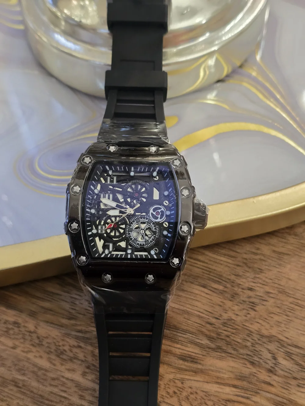 Men's Black Skeleton Dial Sport Watch with Rubber Strap